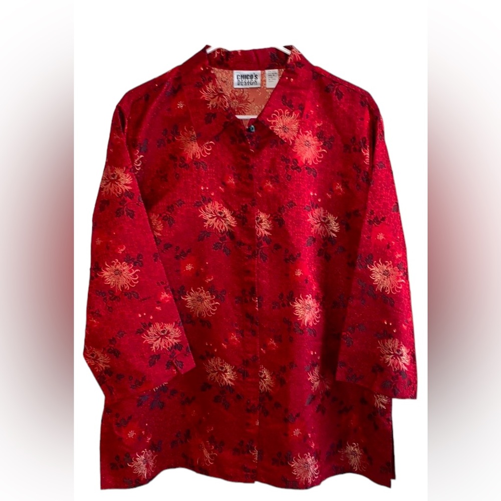 Chico’s Design Floral Top Button down Shirt Oriental Print Inspired Red Black 3